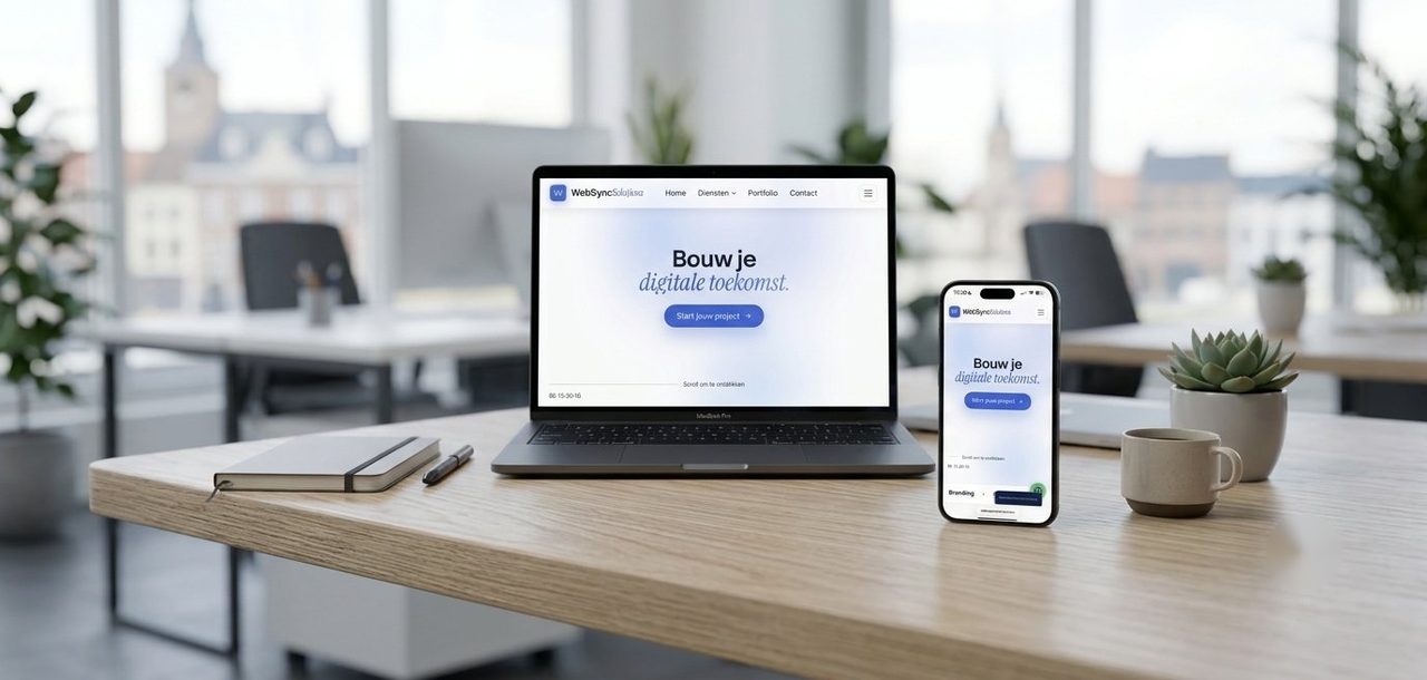 De WebSync Solutions website op een laptop en smartphone in een licht kantoor — responsief design op elk scherm
